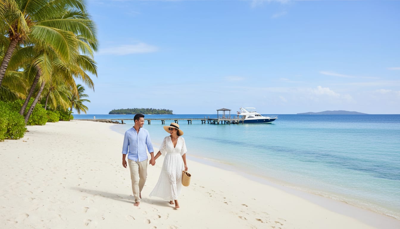 A couple walking along a white-sand beach beside a moored yacht