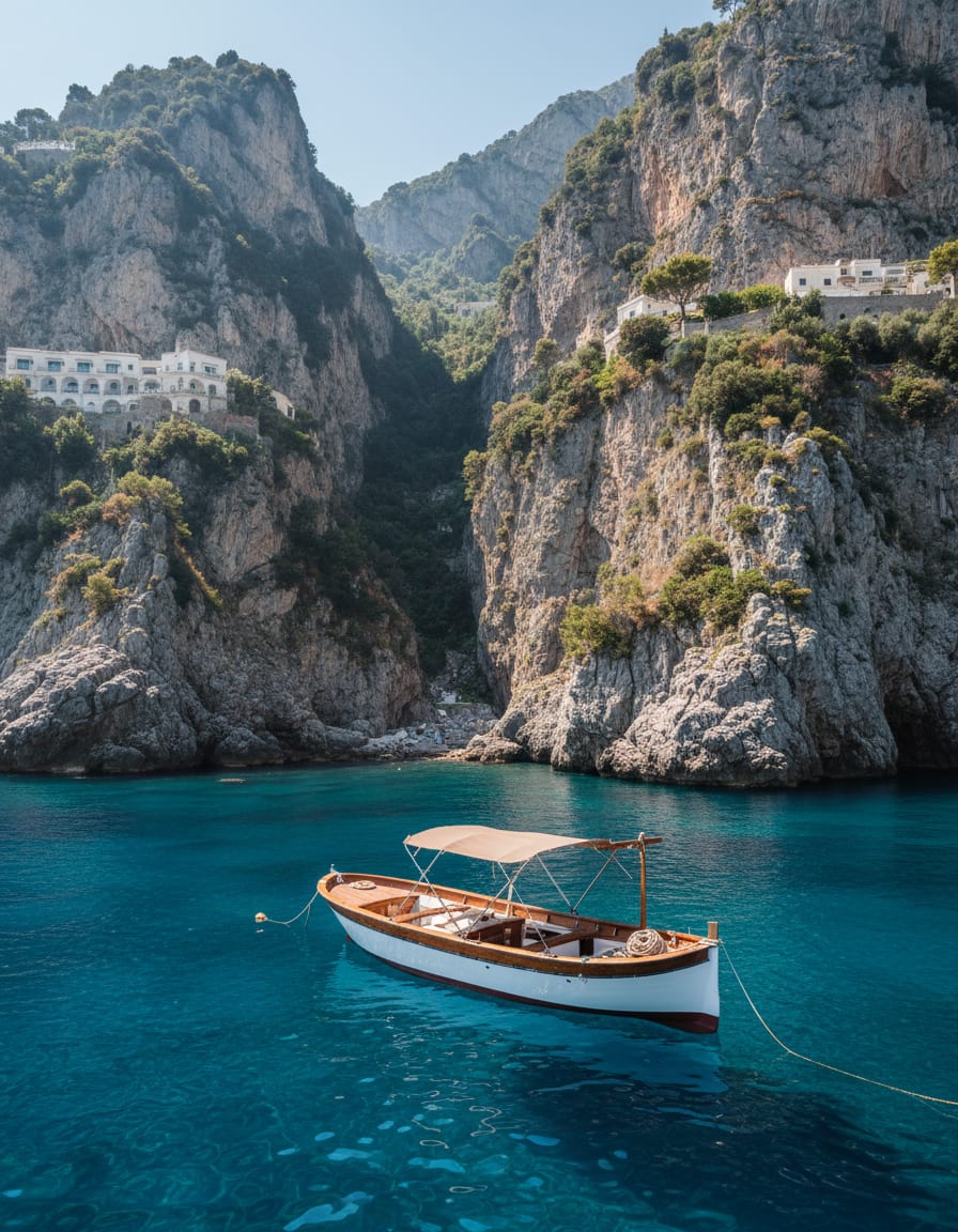 A wooden boat beneath tall coastal cliffs