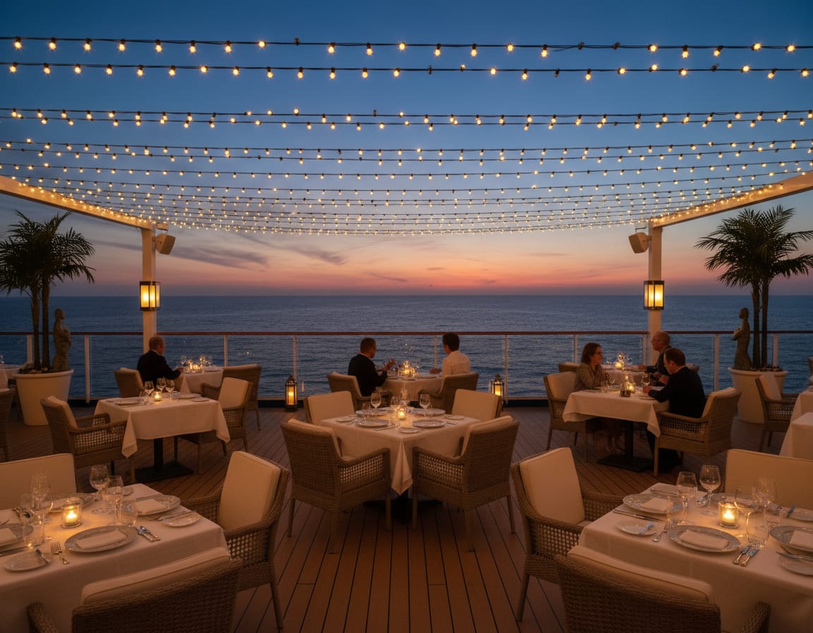 Evening dining on deck beneath warm festoon lights