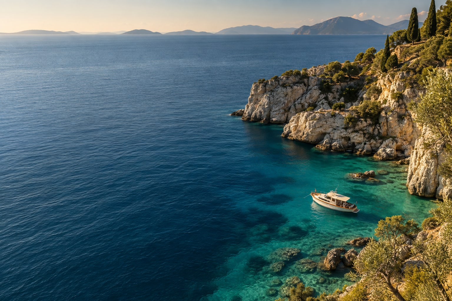 An ivory boat in a turquoise cove beneath sunlit Mediterranean cliffs