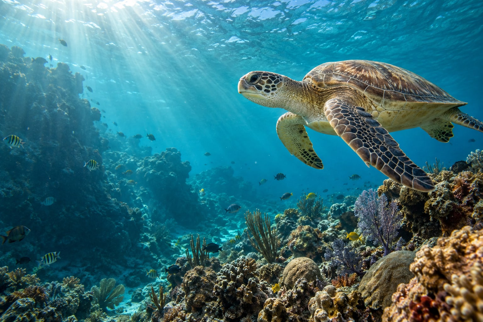 A sea turtle swimming through sunbeams above a coral reef