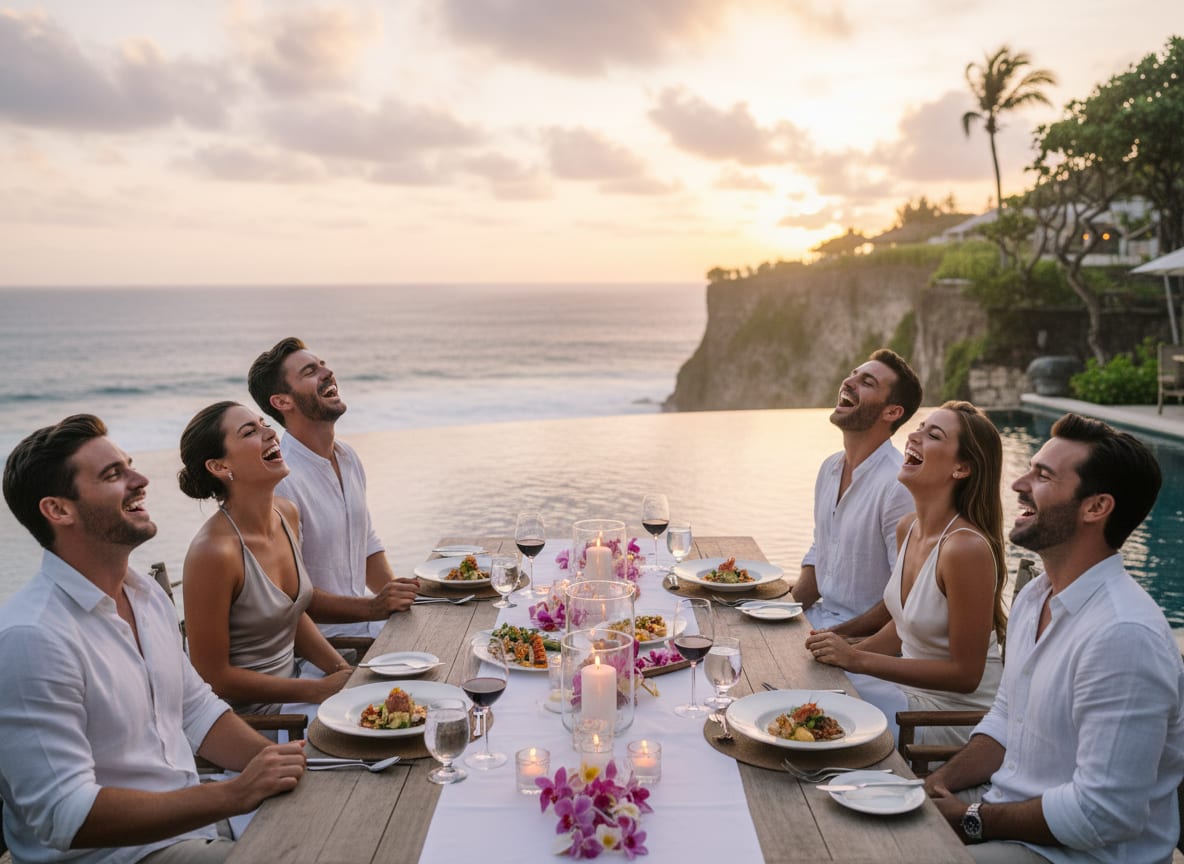 Friends sharing a meal on a terrace overlooking the coast