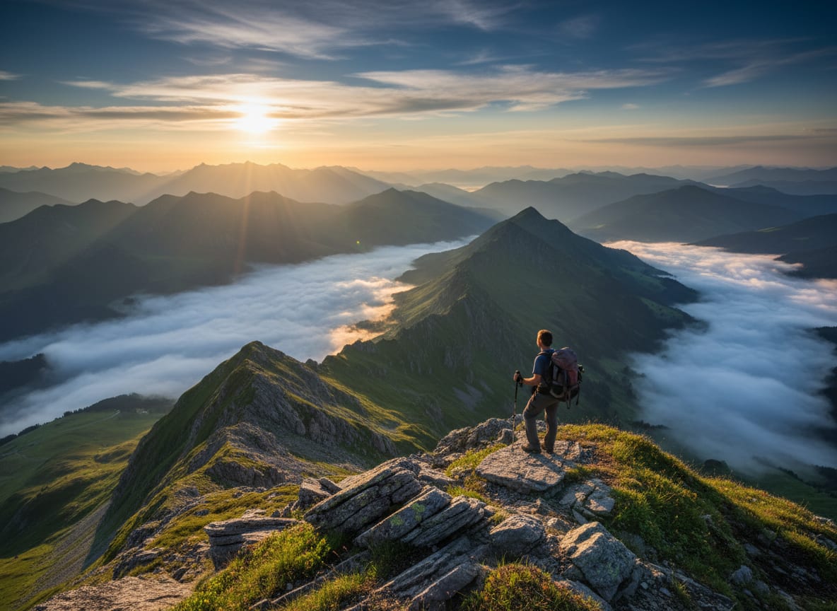 A hiker overlooking mountain peaks and clouds at sunrise
