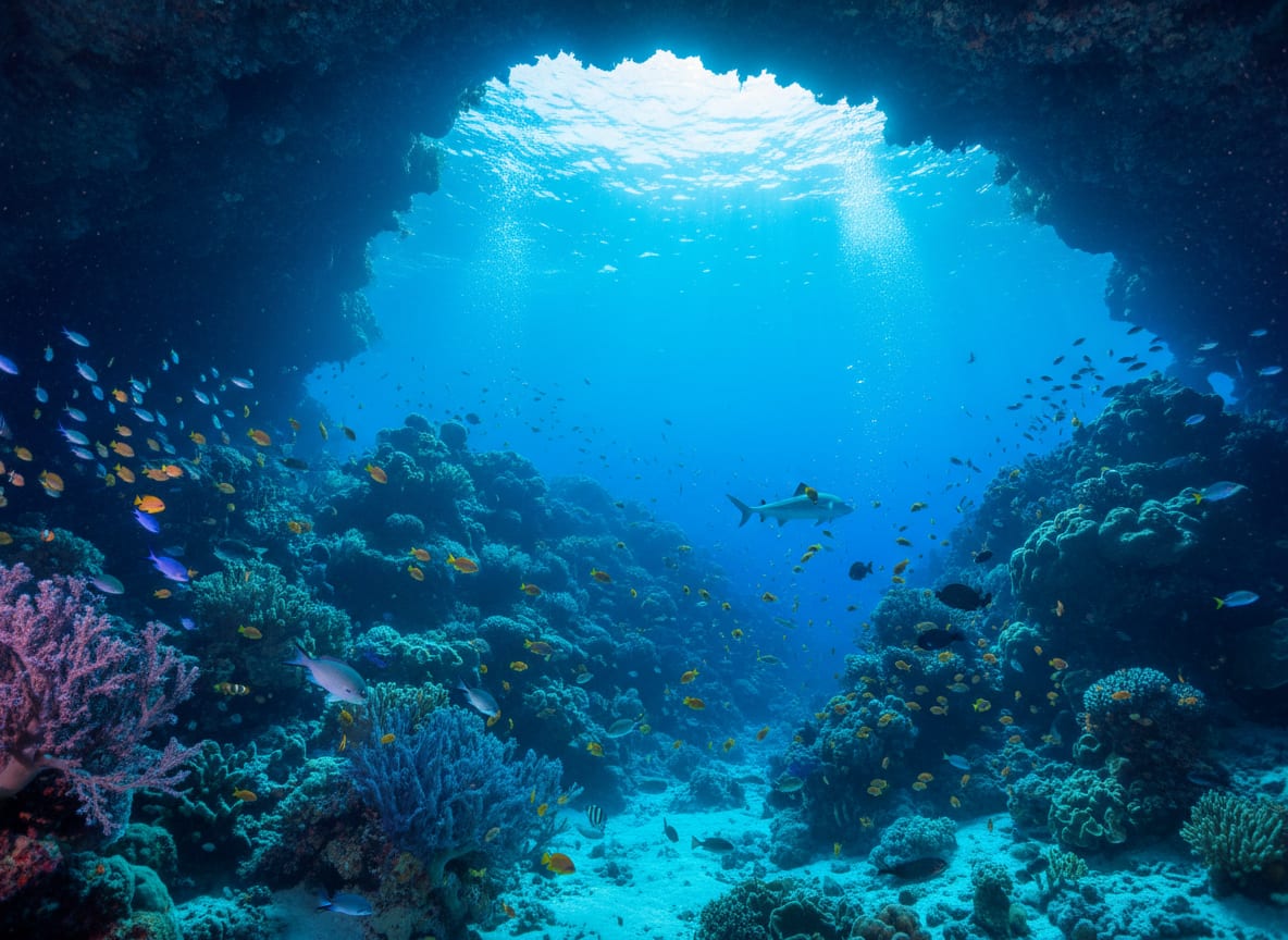 A diver silhouetted in a sunlit reef cavern