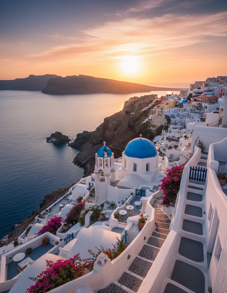 White hillside buildings overlooking the sea at sunset in Santorini